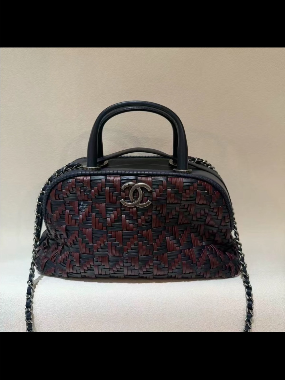 CHANEL Black and Burgundy Woven Leather Satchel with Chain Strap